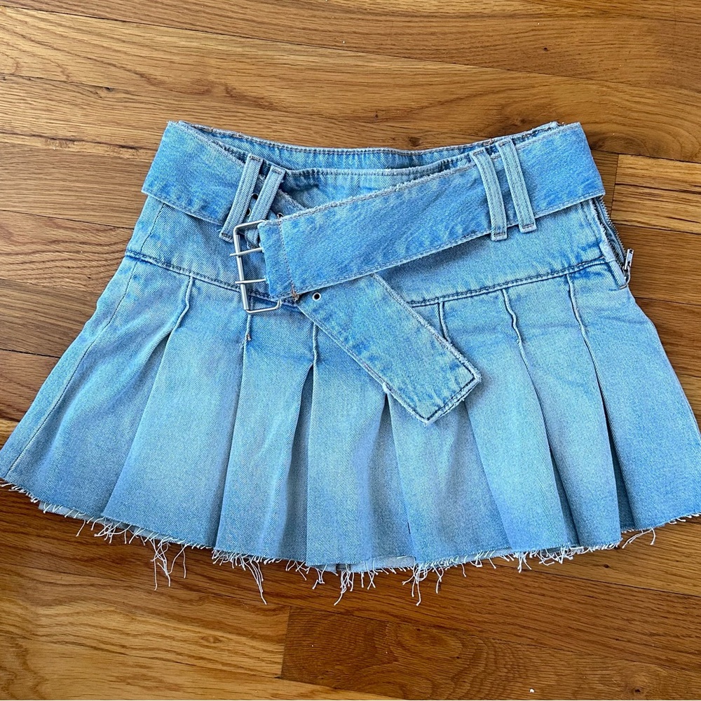 ZARA Blue Belted Raw Hem Mini Skirt